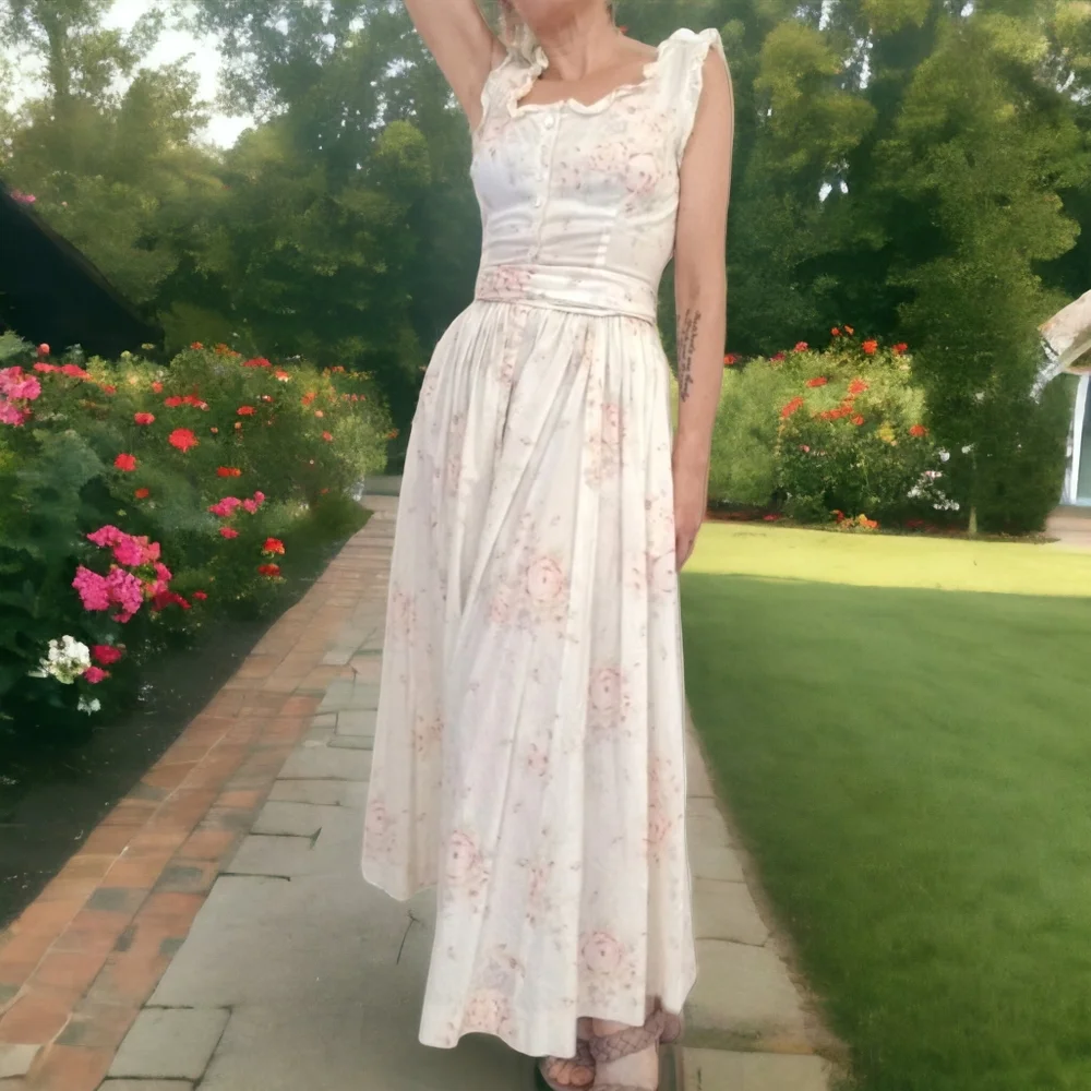 Vintage Pink and Cream Pleated Maxi Sundress - Picture 5 of 14
